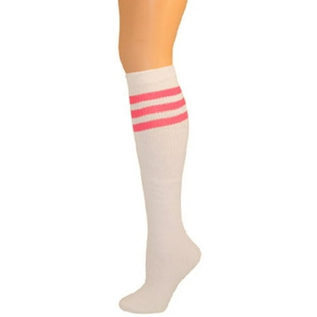 Knee High Tube Socks - Retro Tube Socks - White w/ Hot Pink (Knee High)