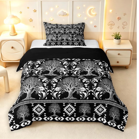 Homewish Nature Botanical Tree Twin Comforter Sets,Vintage Plants Bedding Set,Black White,Black Reversible,2pcs,1 Comforter and 1 Pillowcase