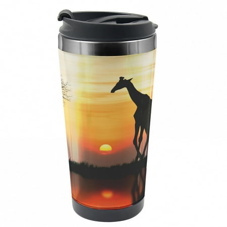 

Africa Travel Mug Giraffe in Wild Forest Steel Thermal Cup 16 oz by Ambesonne