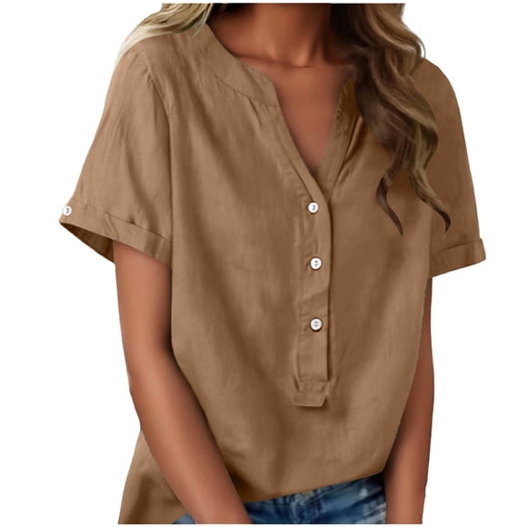 UNITWRY Button Down Shirts For Women Summer Linen Top Half-Open Front V-Neck Short Sleeve Going Out Blouses Collared Button-Up Gauze Tops