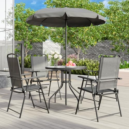 6 Piece Patio Table and Chair Set with Umbrella, Outdoor Table and Chair with 4 Dining Chairs and Round Glass Table for Garden, Backyard and Deck, Light Black$$Garden & Patio