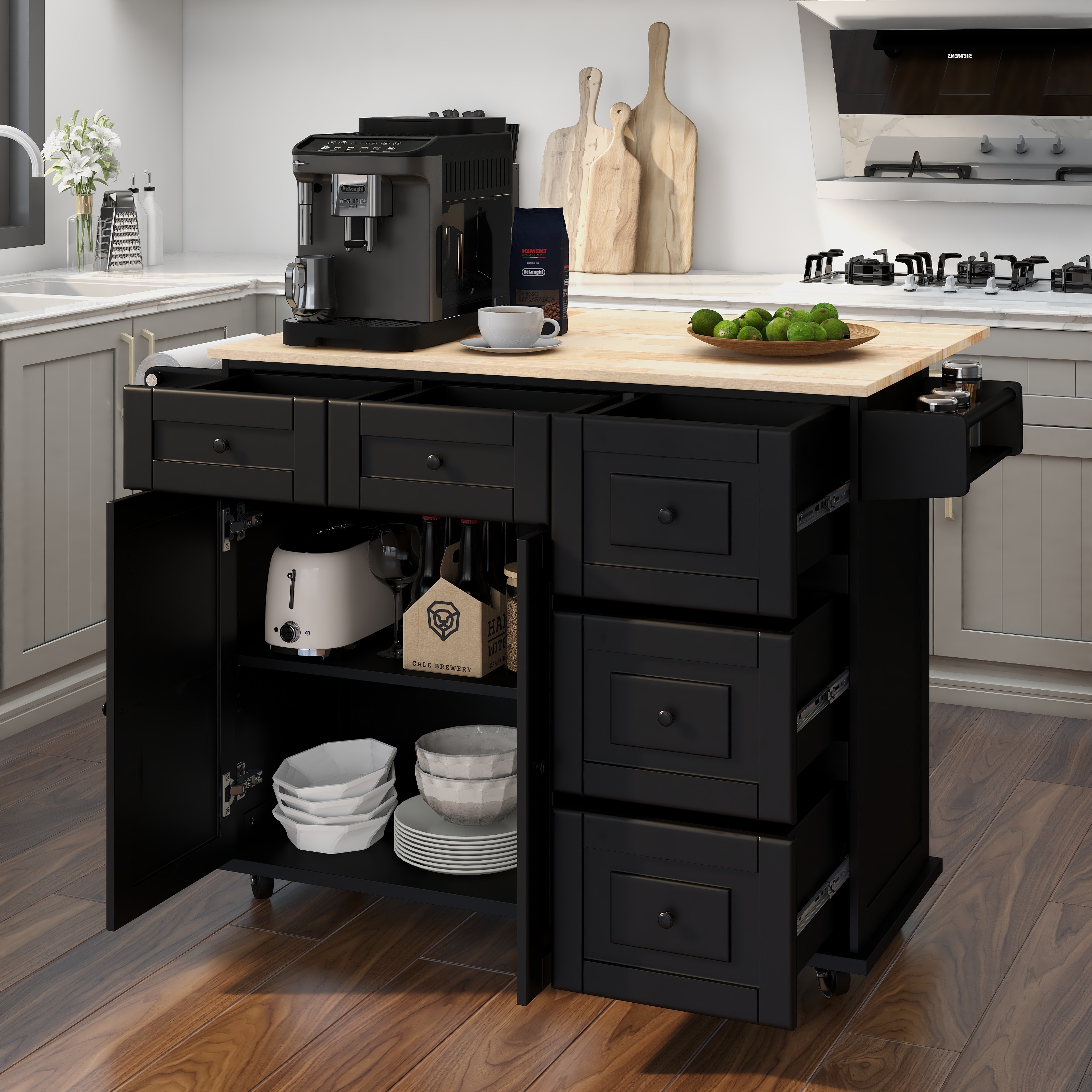 Homrest Kitchen Cart Rolling Mobile Island with Wooden Countertop, Adjustable Shelves and Drawers, Black