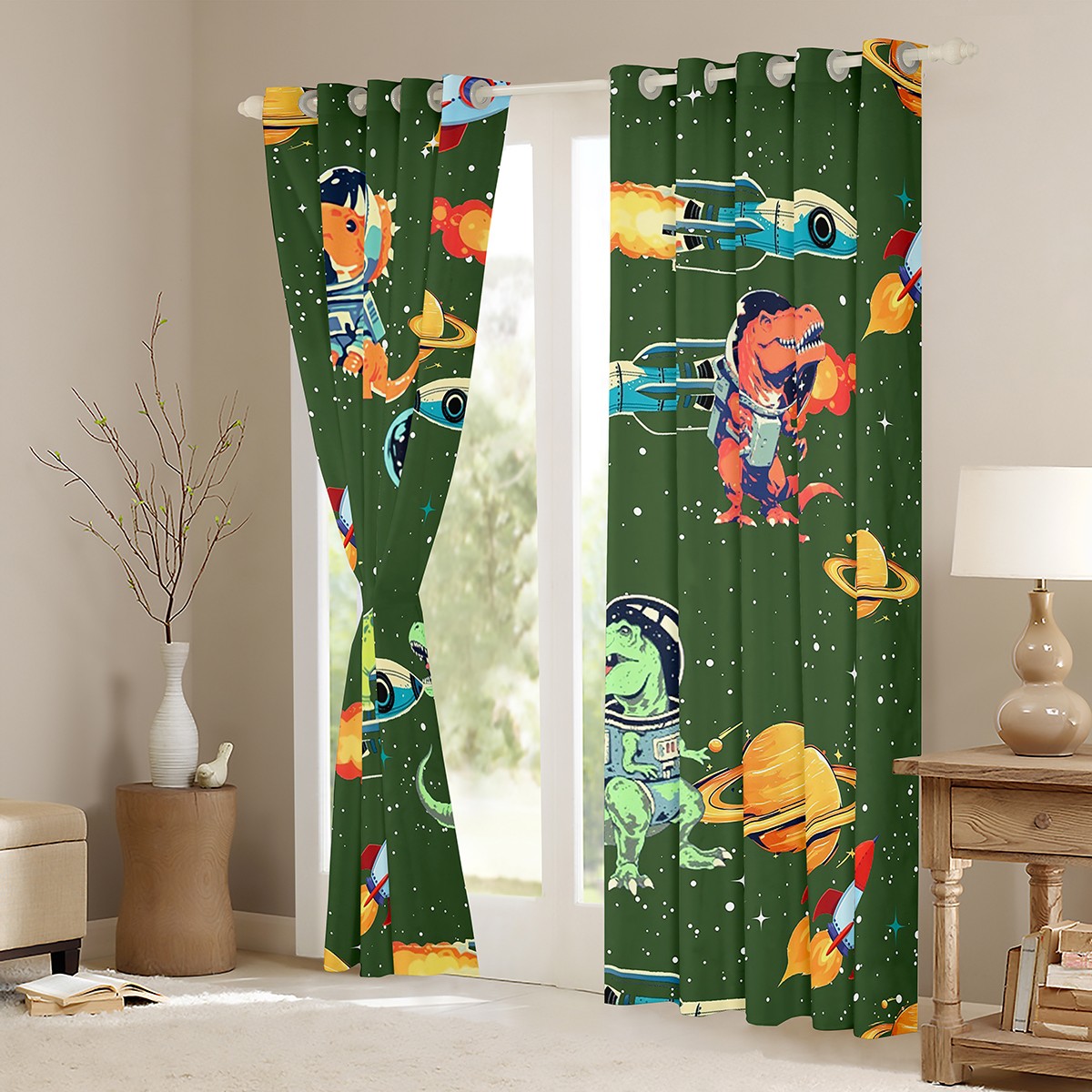 Feelyou Cute Green Dinosaur Curtains Pack of 2 (42x84 Each) for Child, Outer Space Curtains Blackout, Kawaii Animal Astronaut Bedroom Curtains, Living Room Curtains Decor