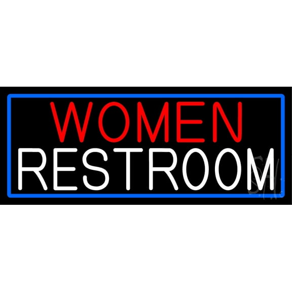 Women Restroom With Blue Border LED Neon Sign 13 x 32 - inches, Clear Edge Cut Acrylic Backing, with Dimmer - Bright and Premium built indoor LED Neon Sign for Bar decor.