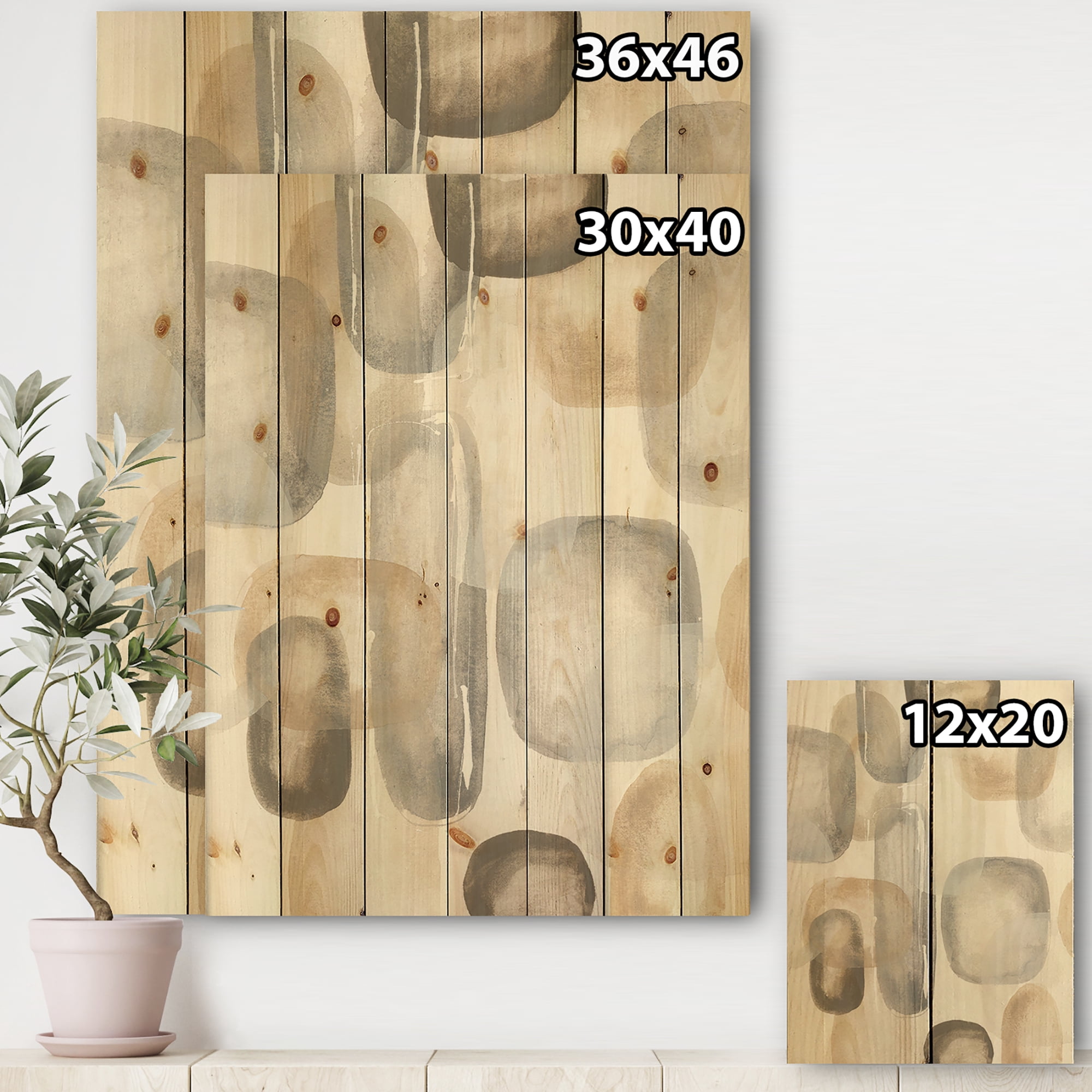 Designart 'Neutral Oval Grey Stones I' Modern Glam Print on Natural Pine Wood