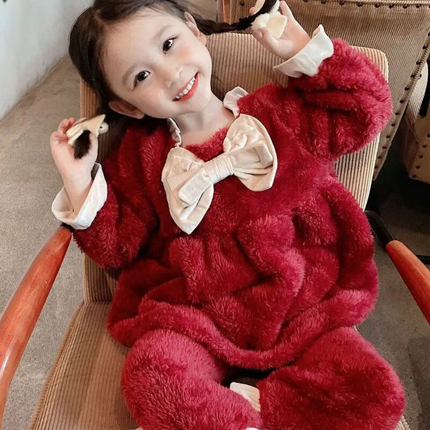 Conjuntos de pijamas de invierno para niñas, bonito lazo para bebés con ropa de casa, franela gruesa y cálida, conjuntos de pijamas para niñas pequeñas, pijamas de Navidad para niños