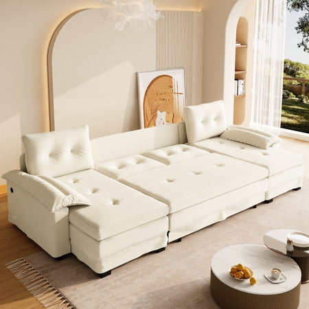 LLappuil Sectional Sofa, U Shaped Sectional Couch with Pull Out Sofa Bed, Chenille Convertible Sleeper Sofa Bed with Chaise, Removable Armrests, USB Ports Beige