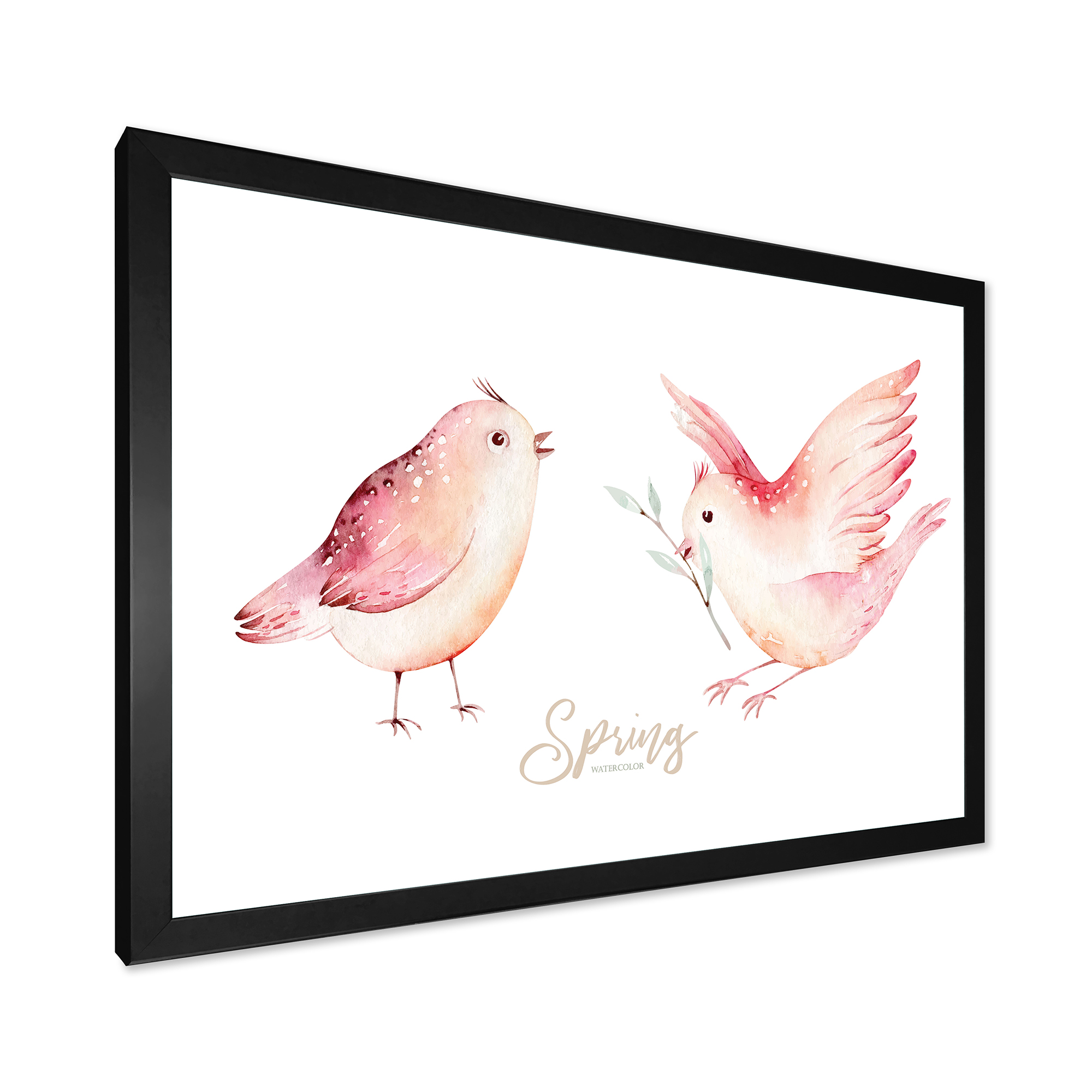Spring Bird With Green Leaves On White 40 in x 30 in Framed Painting Canvas Art Print, by Designart