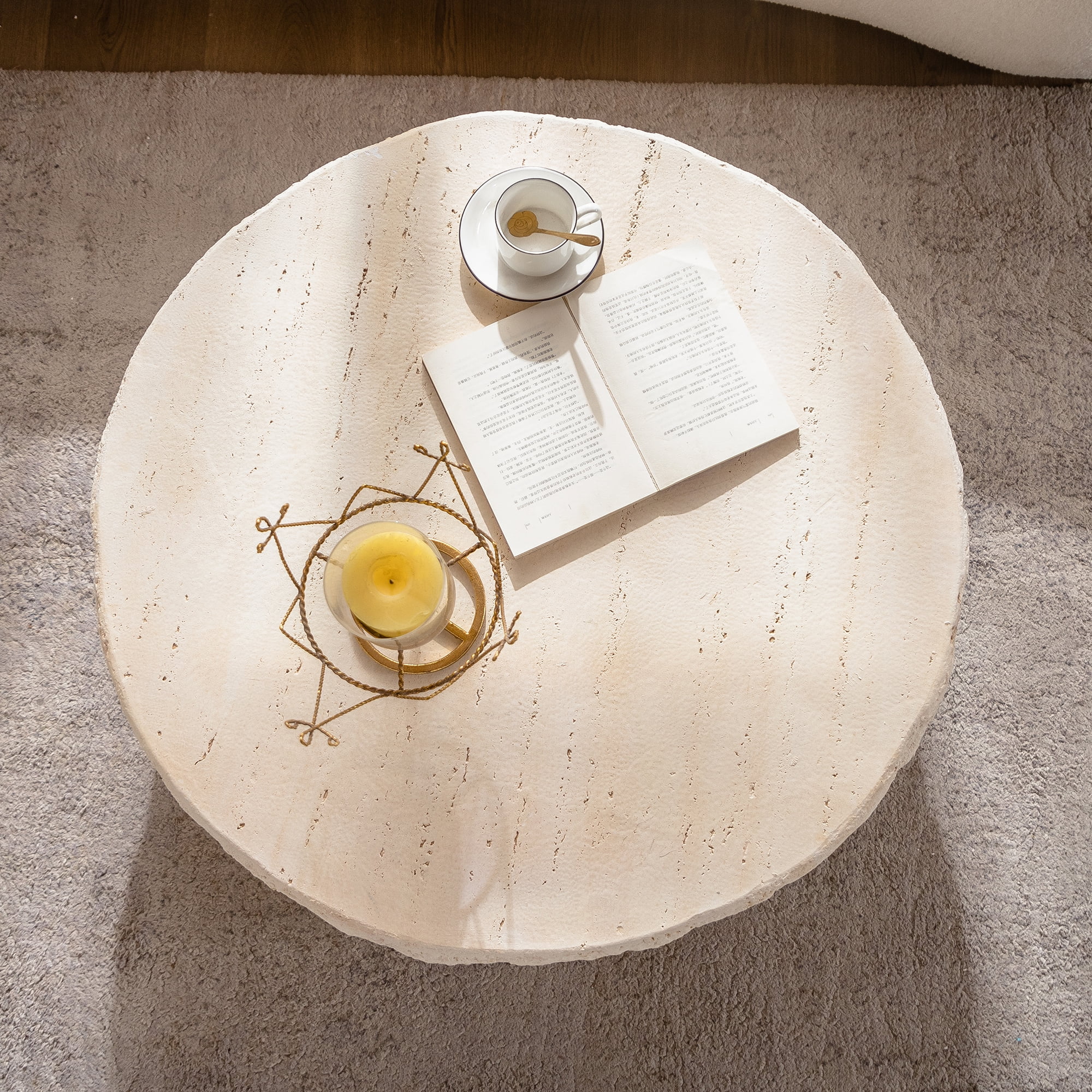 Leumius Mid-Century Round Centre Coffee Table Vintage Faux Stone Sofa Pre-Modern Coffee Tables Beige Coffee Table for Living Room Office Apartment & Outdoor Home Decor
