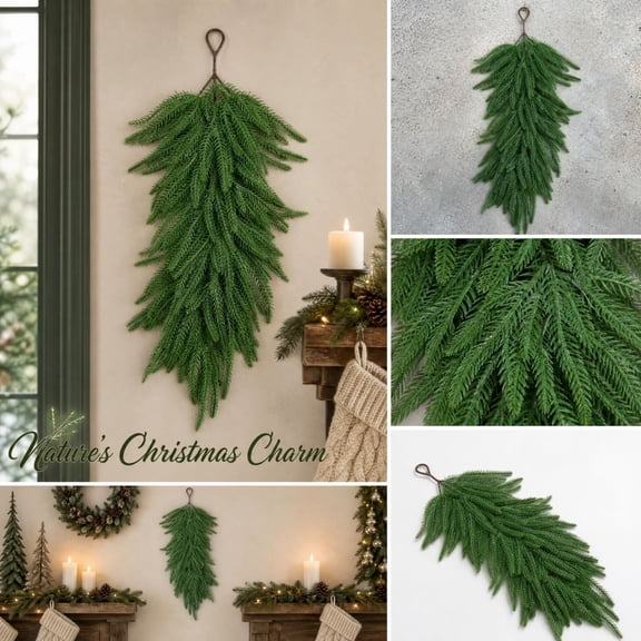 Artificial Norfolk Pine Teardrop Swag, 22.5 Inch Faux Pine Hanging Spray, Evergreen Greenery Teardrop for Front Door Wall Christmas Winter Decor