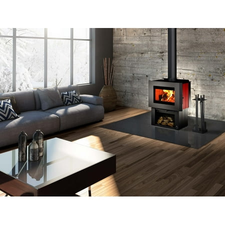 Osburn Wood Stove Osburn SOHO Wood Stove with Regular Pedestal, Ash Drawer and Red Enamel Decorative Side Panels ()