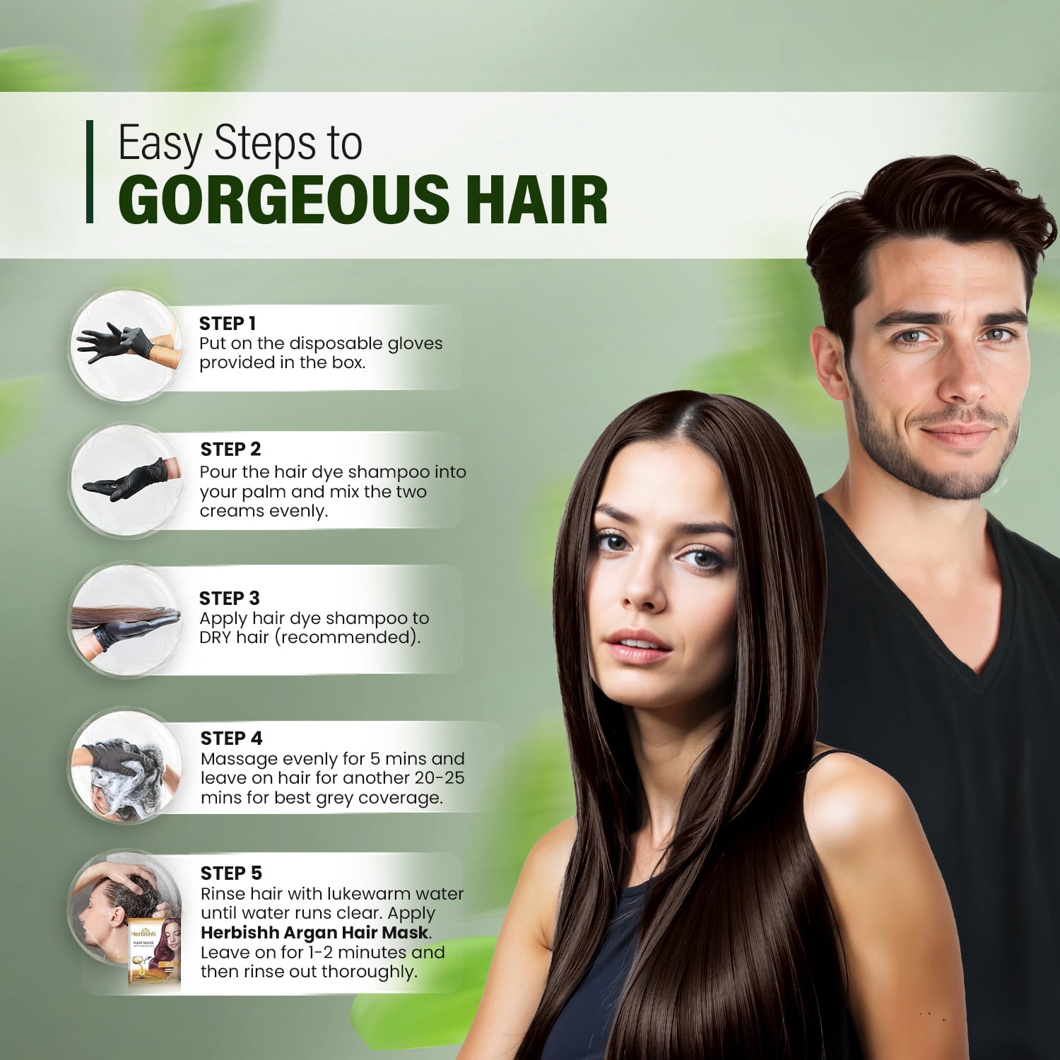 (2 pack) Herbishh Dark Brown Hair Color Shampoo for Gray Hair, Hair Dye Shampoo 3 in 1, 100% Gray Coverage, Permanent Hair Color for Men & Women, Ammonia-free, 200 ml