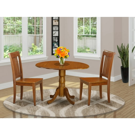 Round Kitchen Table Set with Chairs - 42 Inch Dropleaf Dining Table for Small Spaces - Saddle Brown