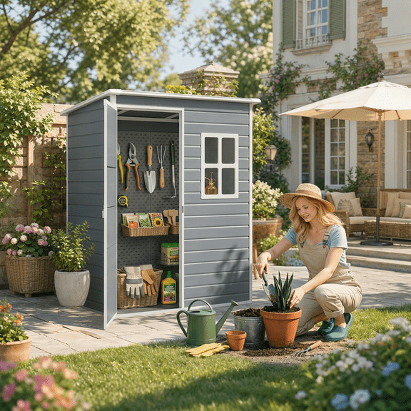 Aiho 5 x 3 FT All Weather Resin Outdoor Storage Shed, Weatherproof Garden Shed with Lockable Door, Built-In Floor and Ventilation for Patio Tools Bike Toys