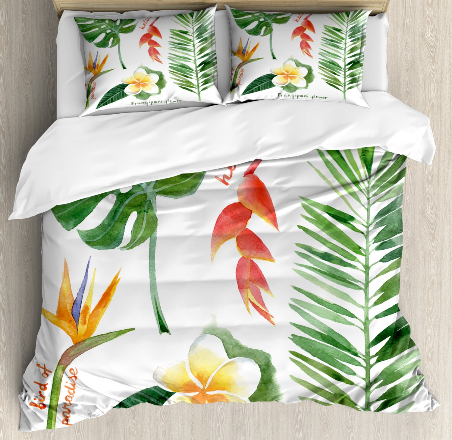 Plant Duvet Cover Set, Bird of Paradise Palm Leaf and Assorted Exotic