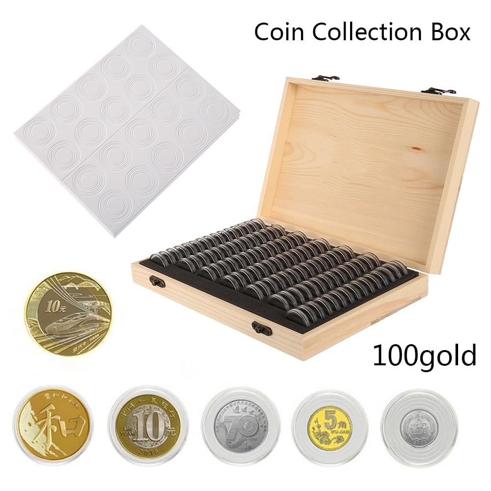 MTFun 100 Pcs Wooden Coins Storage Box Round Coin Capsules Acrylic Plastic Commemorative Coin Holder Coin Display Case Organizer Protection Container for Collectors