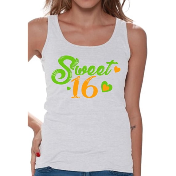 Awkward Styles Sweet 16 Tank Top for Ladies Sweet Sixteen Tanks for Girls Birthday Girl Shirt Birthday Gifts for Teens I am 16 T-Shirt for Her Sweet 16 Party Clothing Green Prints Teen Party