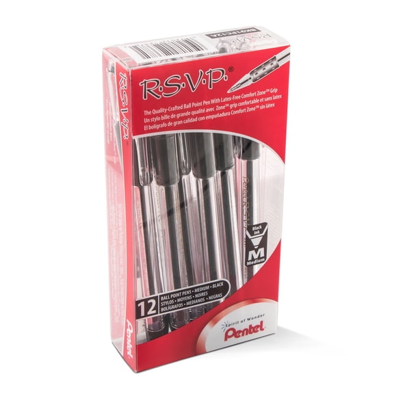 Pentel RSVP Ballpoint Pen, (1.0mm) Medium Line, Black Ink, 12pk