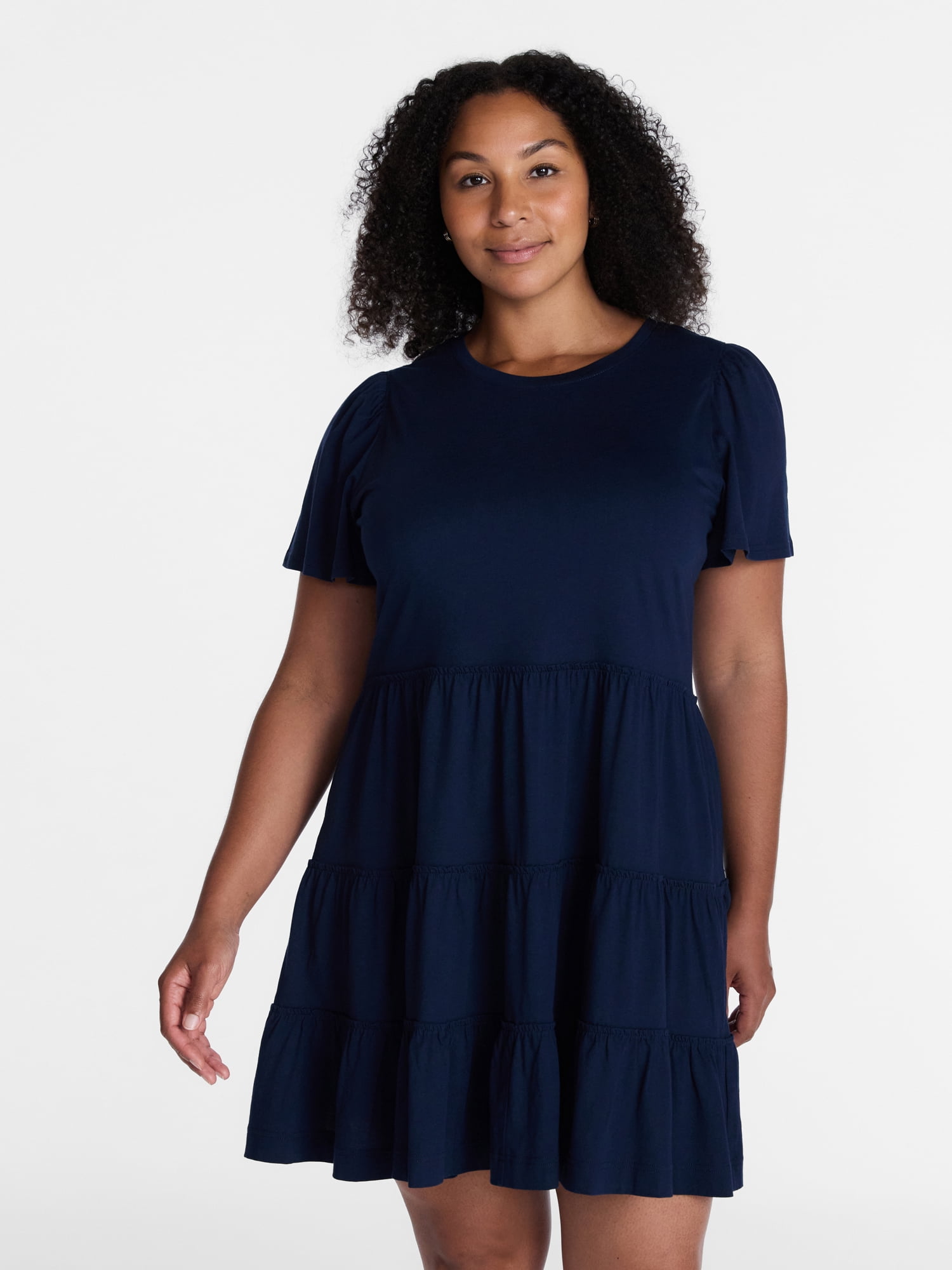 Time and Tru Women's and Women’s Plus Cotton Swing Dress with Short Sleeves, Sizes XS-4X