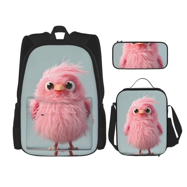 Disketp Adorable Pink Fluffy Birds Mochila Estampada de Gran Capacidad con Lonchera y Estuche, Set de 3 Piezas para Estudiantes