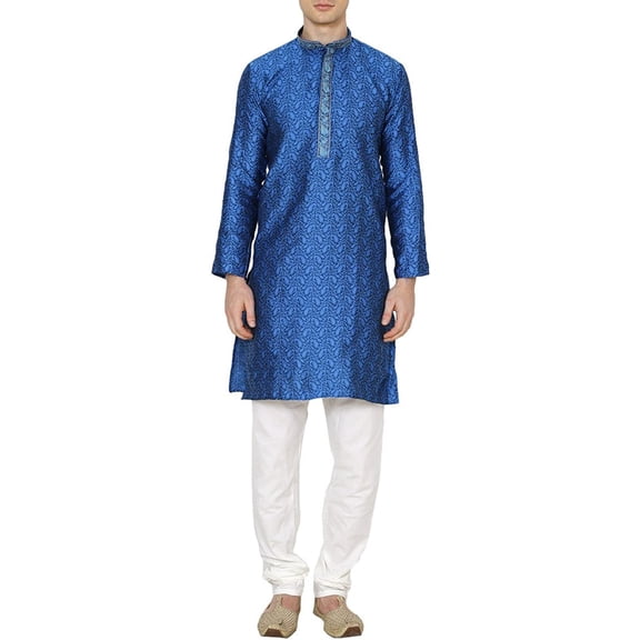 Royal Mens Jacqaurd Silk Embroidered Kurta Pyjama Set Blue