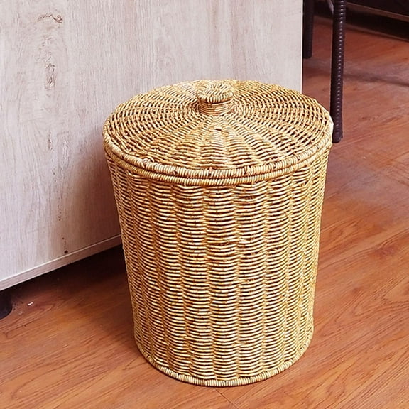 Raindrops Imitation Rattan Trash Can with Lid Woven Waste Basket for Office Bathroom Bedroom Round Garbage Bin with Lid Stylish Trash Can for Home Decor
