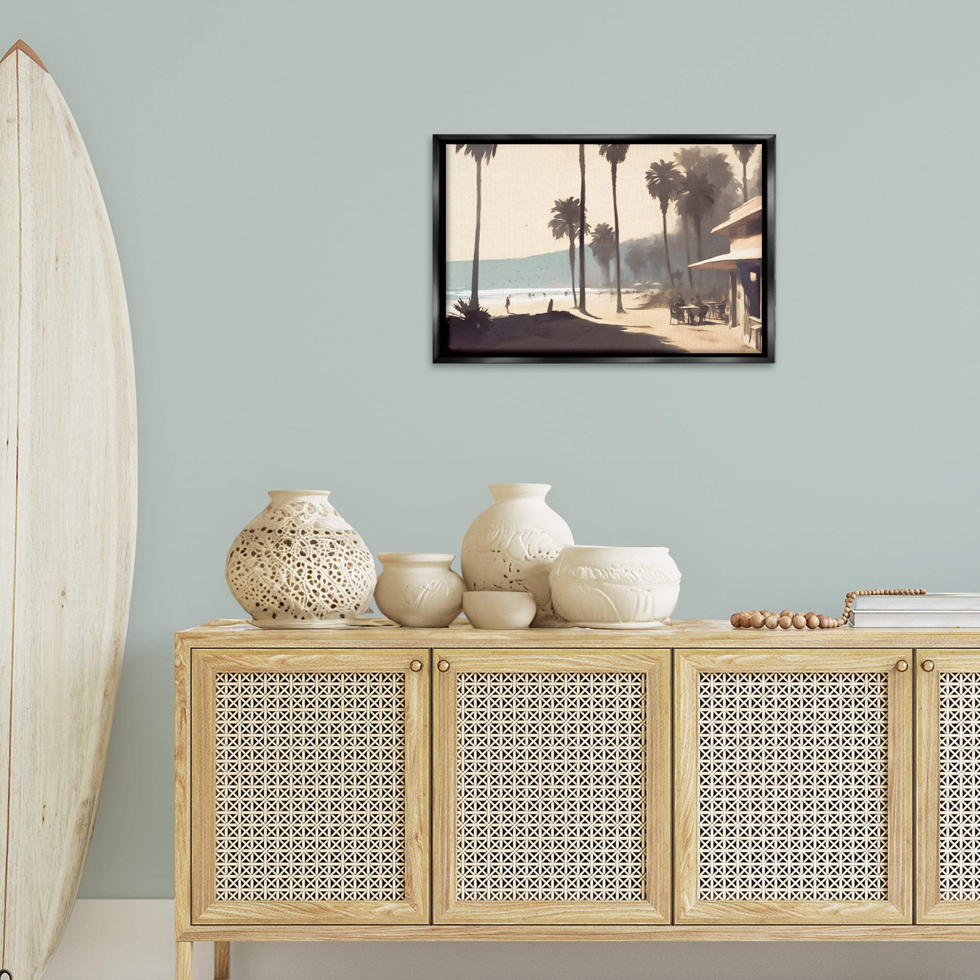 Stupell Industries Pink Canopy Beach Scene Landscape & Nature Painting Black Floater Framed Canvas Art Print Wall Art, 25 x 17
