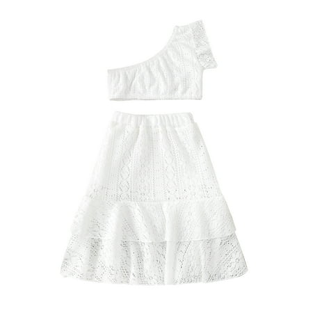

Girls Skirt Set Sleeveless One-shoulder Vest with Dual-layer Skirt Summer Casual