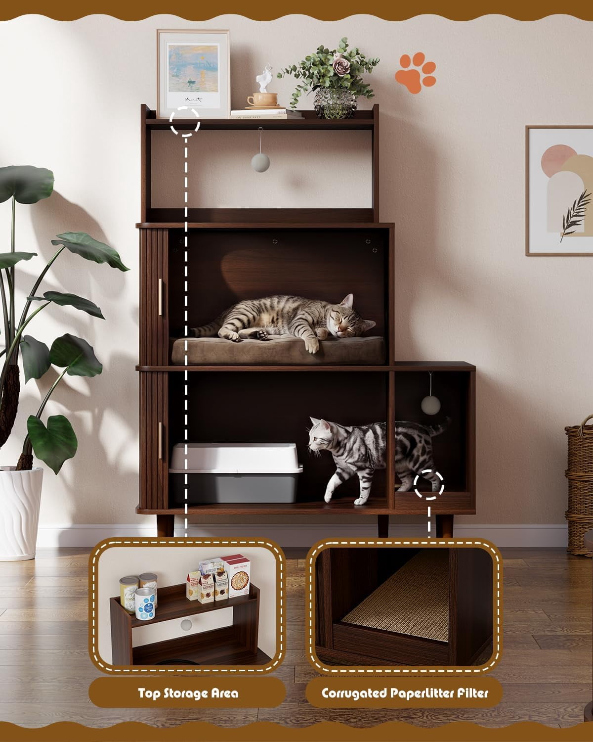 Cat Litter Box Enclosure Furniture with Sliding Door, Large 3-Tier Wood Cat House, Cat Scratch Pad & 2 Dangling Plush Balls, Brown