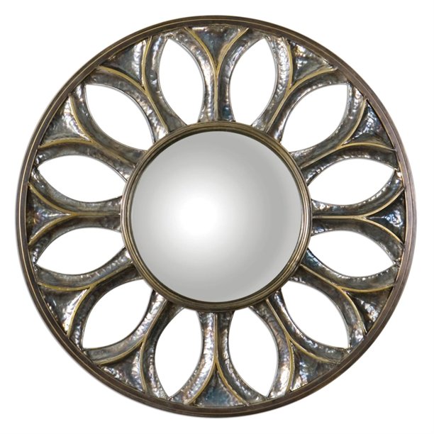36" Kara Round Bronze Wall Mirror with HandHammered Oxidized Bronze