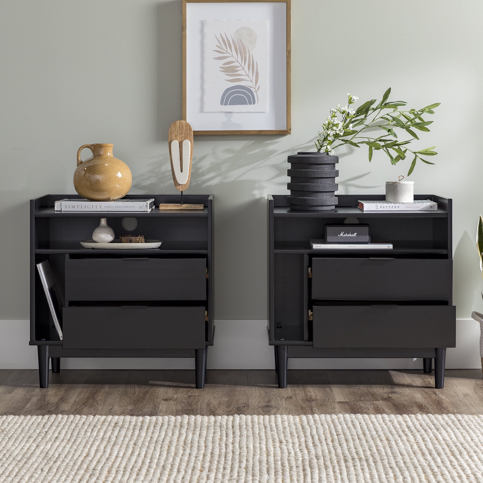 Walker Edison Mid-Century Modern 2-Drawer Wood Nightstand, Set of 2, Black