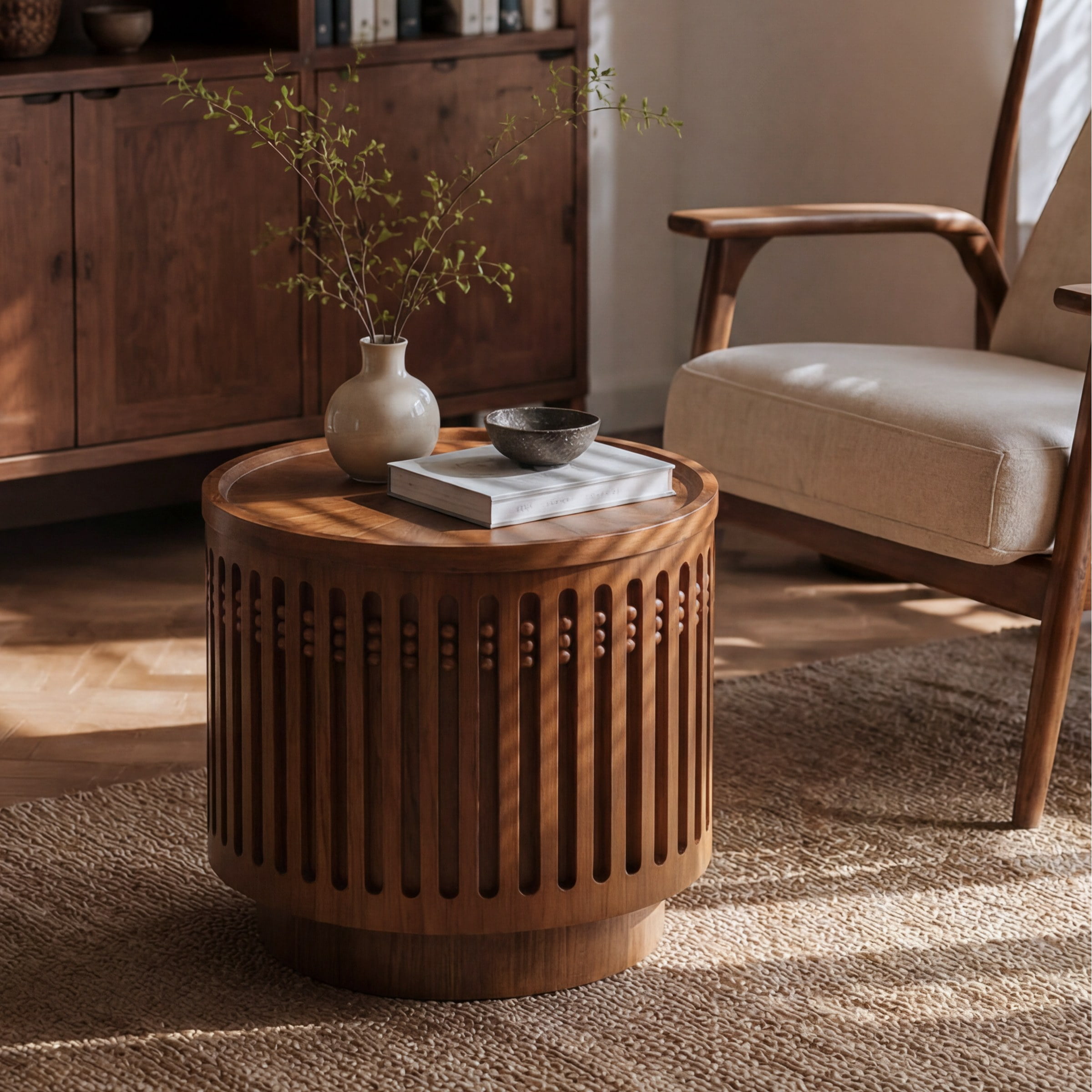 18.9" Round Wooden Side Table, Cylinder Lattice Design End Table,Coffee Table with Grille Solid Wood Effect, Boho Accent Table with Hidden Storage Option,for Living Room,Bedroom