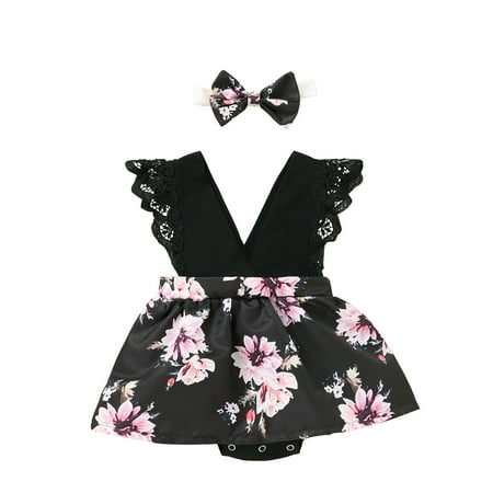 

Wanwan Baby Outfits Flower Pattern Elegant Cotton Baby Romper Dress Headband Suit for Summer
