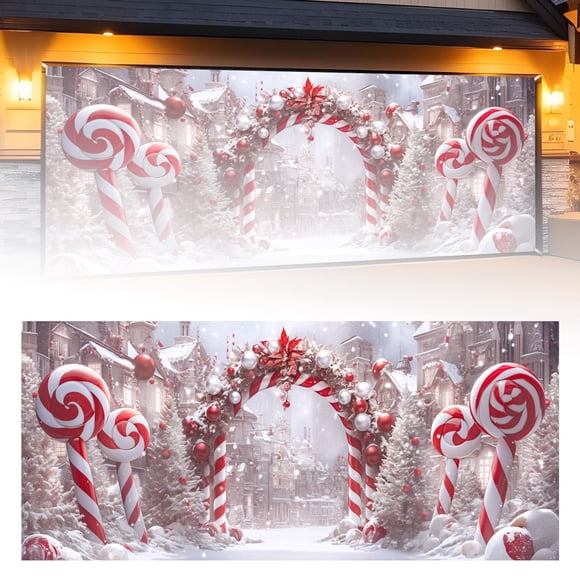 The Merry Party Santa Photography Garage Door Background 7x16 Ft Polyester Fabric Durable Long Lasting Versatile Easy Installation for Parties Photo Shoots Festive Winter Events