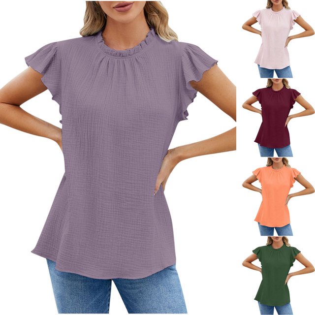 Fiudx Camisetas para Mujer Blusa Informal de Moda para Mujer, Top Liso de Manga Corta con Cuello Redondo y Pliegues