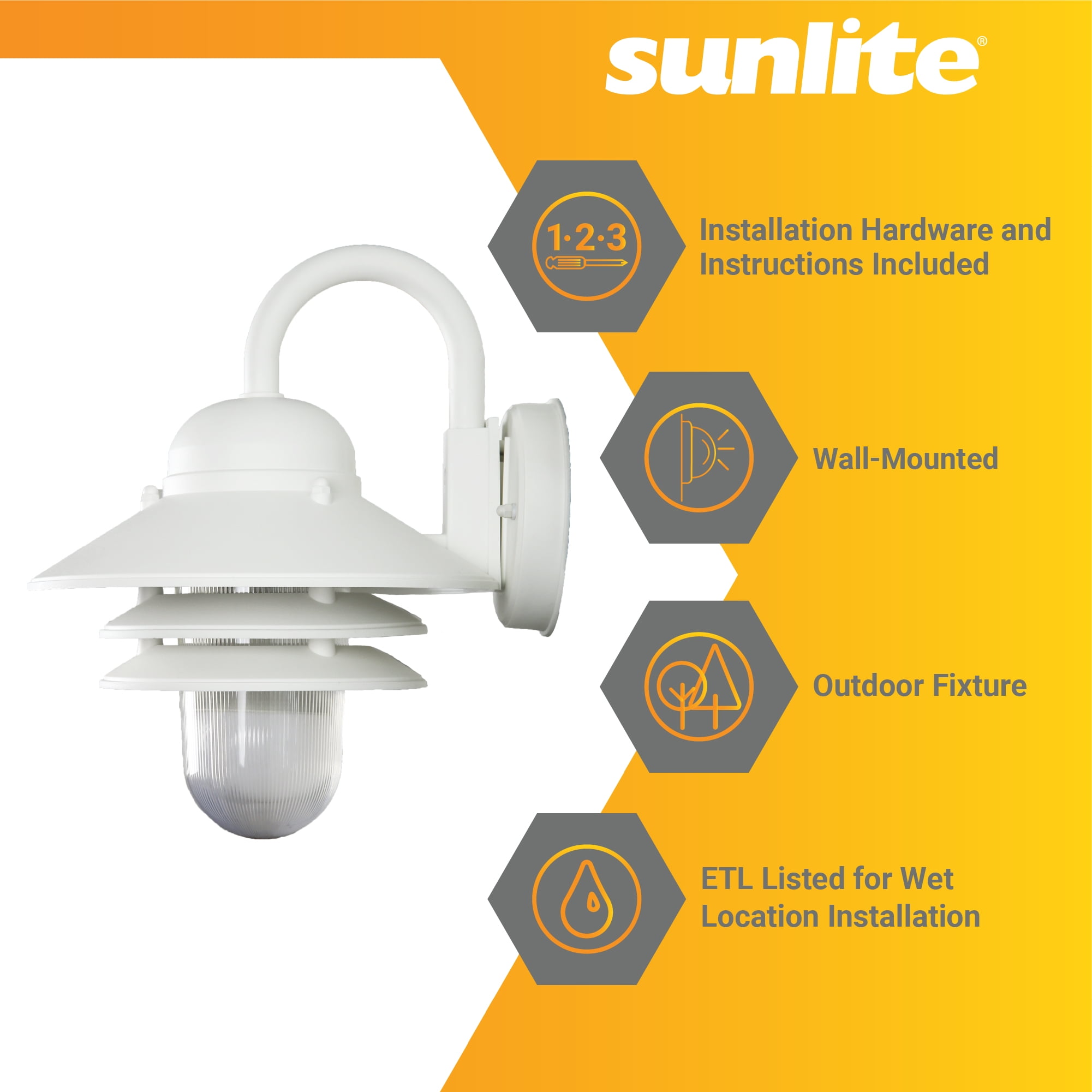 Sunlite Nautical Style Outdoor Wall Fixture, Medium Base Socket (E26), Weatherproof Polycarbonate, Prismatic Acrylic Lens, UL Listed, White Finish