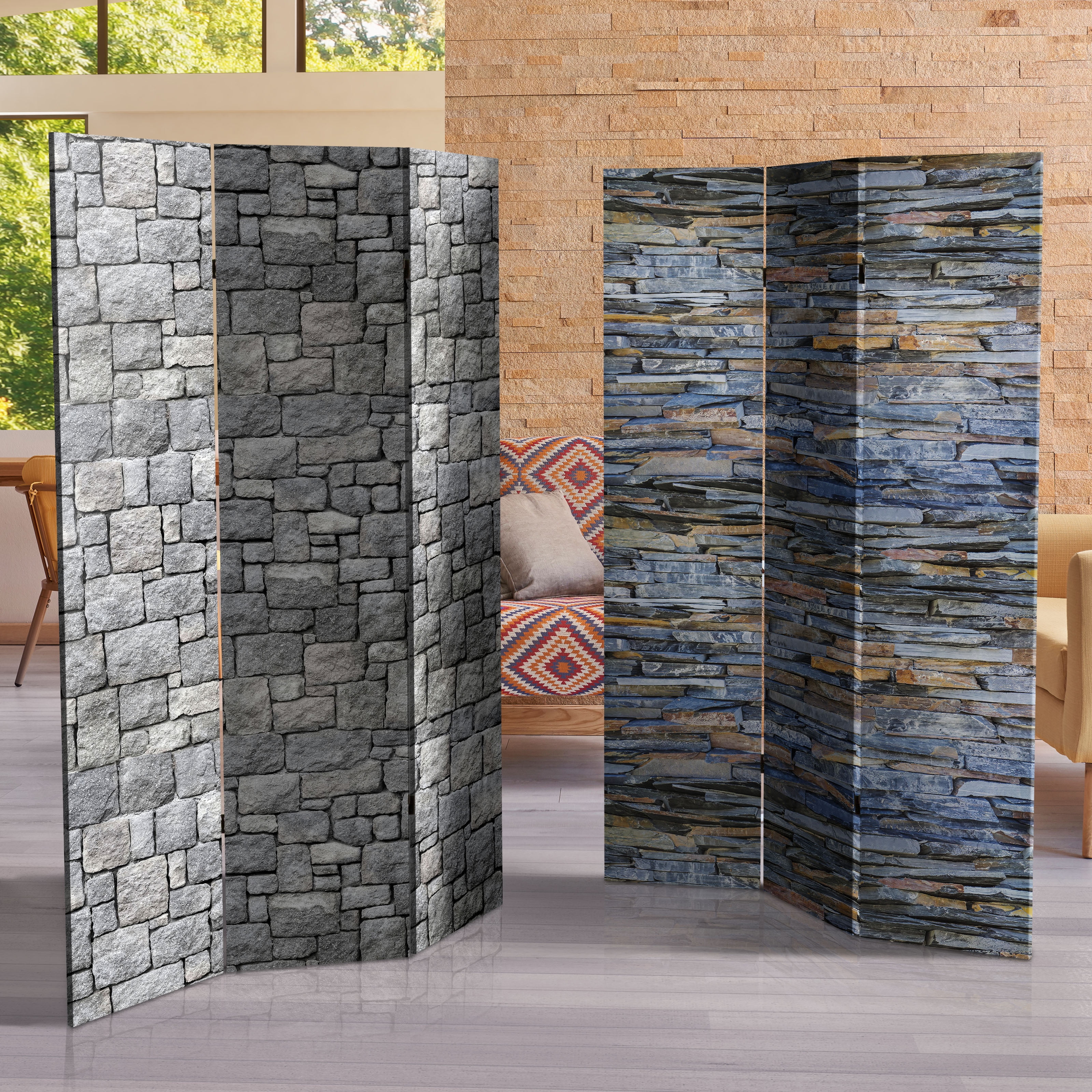 Red Lantern 6 ft. Tall Medieval Stone Room Divider - 3 Panels, Canvas, Grey