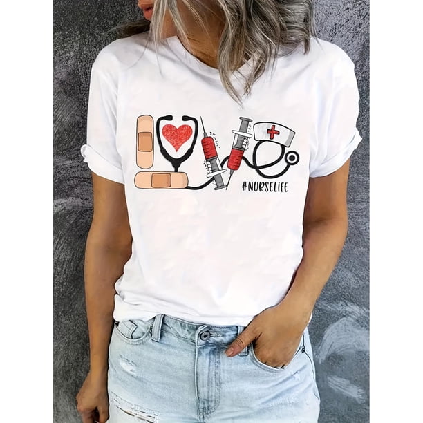 Camiseta con estampado de corazón de enfermera para San Valentín: camiseta informal de manga corta para mujer, transpirable, para adultos, hombres, mujeres, adolescentes, jóvenes.