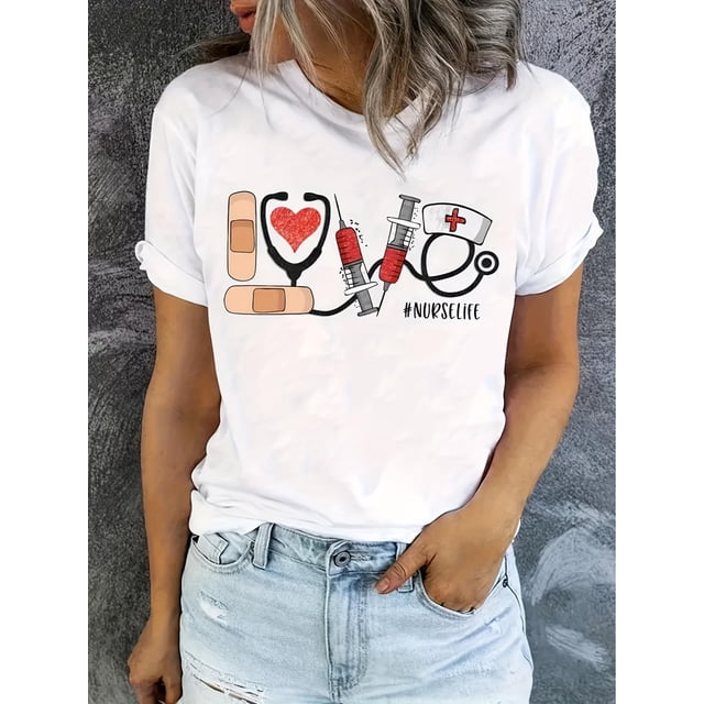 Valentine's Day Nurse Love Heart Graphic Tee - Women's Casual Short Sleeve T-Shirt, Breathable Tee For Adult, Men, Women, Teen, Teenager, Adolescent, Youth