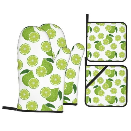 

Oven Mitts and Pot Holders 4 Piece Cute Forest Green Limes High Heat Slip Resistant Oven Mitt and Trivets Set Kitchen Oven Glove Pot Holders for Cooking Baking Grilling