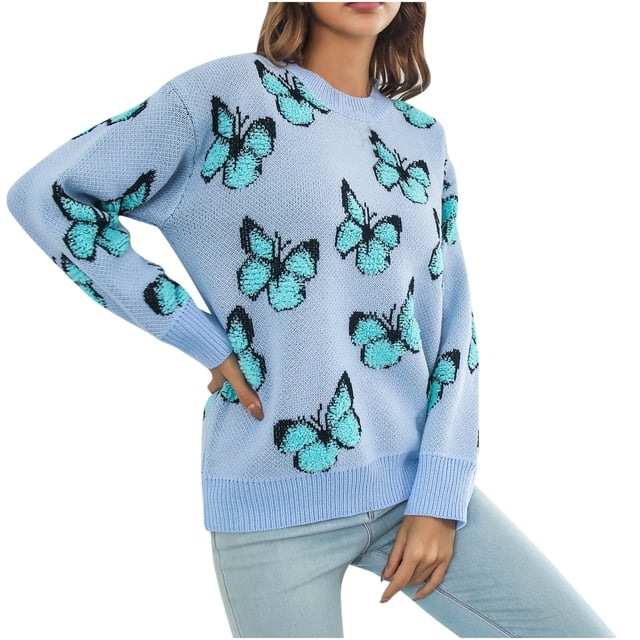 Mrat Chandail Décontracté Mode Automne pour Femmes à Manches Longues Col Rond Boutonné Chandail Uni Chandail Décontracté Hauts Chandail Confortable S-57 Bleu TG