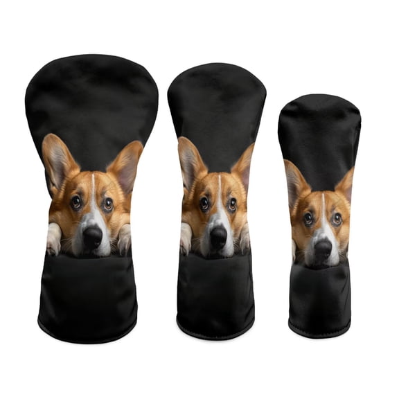 Uorisanigo Golf Club Head Covers, Cute Corgi Print Golf Club Driver/Fairway Wood/Hybrid Headcovers Set 3 Pack, PU Leather Headcovers for Men Women, Fits Most Golfs Clubs