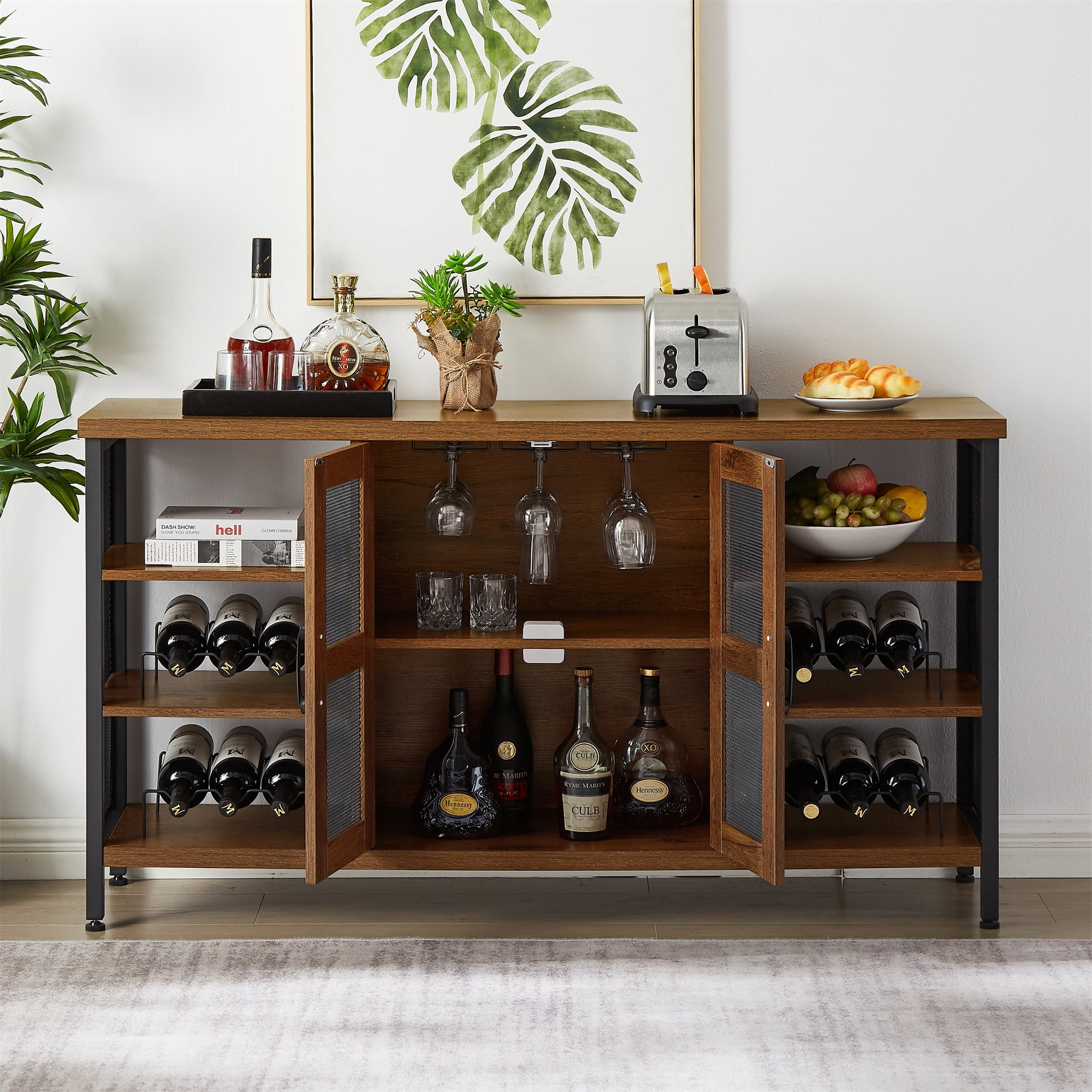 Rustic Narrow Console Table, Bar Sideboard with Wine Racks and Stemware Holder, Modern
