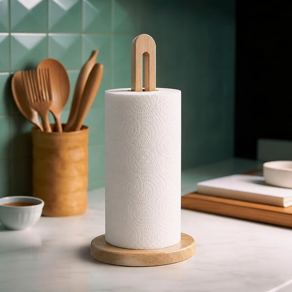 Wooden Countertop Paper Towel Holder, Fits Jumbo Rolls, Solid Freestanding Light-Colored Paper Towel Dispenser Stand with Non-Slip Base