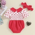 thumbnail image 5 of Douhoow Newborn Infant Girls Valentine Romper Heart Print Doll Collar Short Sleeve Bodysuits with Headband, 5 of 9