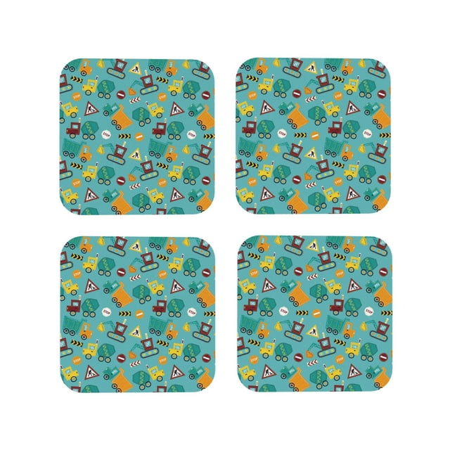 Vsdgher Trucks And Excavators Print Leather Coasters for Drinks, Durable Drink Coasters 4 Set for Tabletop Protection, Luxurious Home Décor and Housewarming Gift-Square