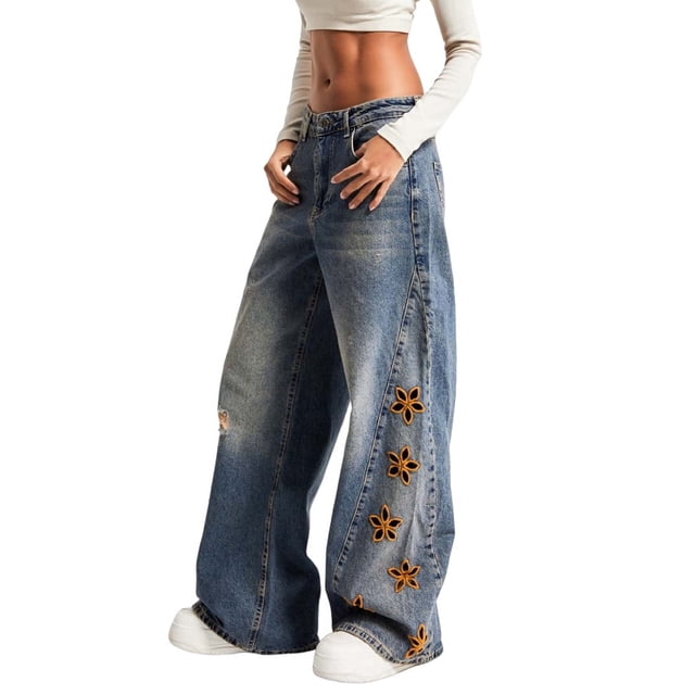 Pantalones Vaqueros Holgados Y2k Desgastados para Mujer, Estilo Boyfriend, con Bordados, Rotos, de Pierna y Retazos, de Cambray y Cintura Alta. Azul XL