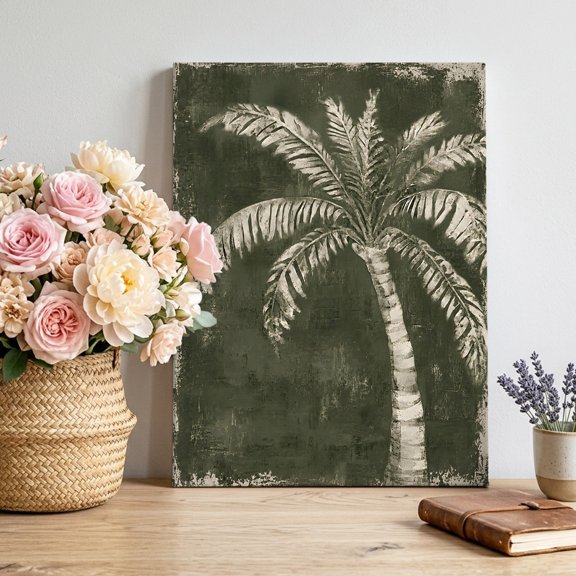 Tropical Green Palm Canvas Wall Art for Living Room, Summer Country Vintage Farmhouse Tree Leaf Poster Print Painting for Entryway Side Of Cabinet Decoration Wall Pictures Prepare To Hang 8"x12"