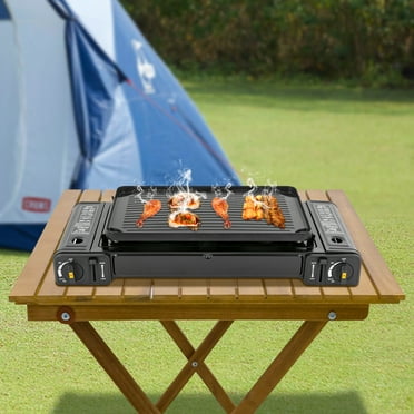 2 Burners Portable Camping Stove with Grill Pan, BDZ-180A Double Burners Outdoor Propane Camping Stove Butane Stove Butane Burner Emergency Cooking Stove Perfect for Camping, Hiking