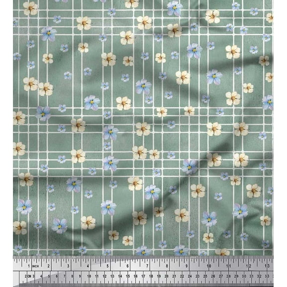 Soimoi Green Cotton Duck Fabric Check & Floral Printed Craft Fabric by The Yard 42 Inch Wide